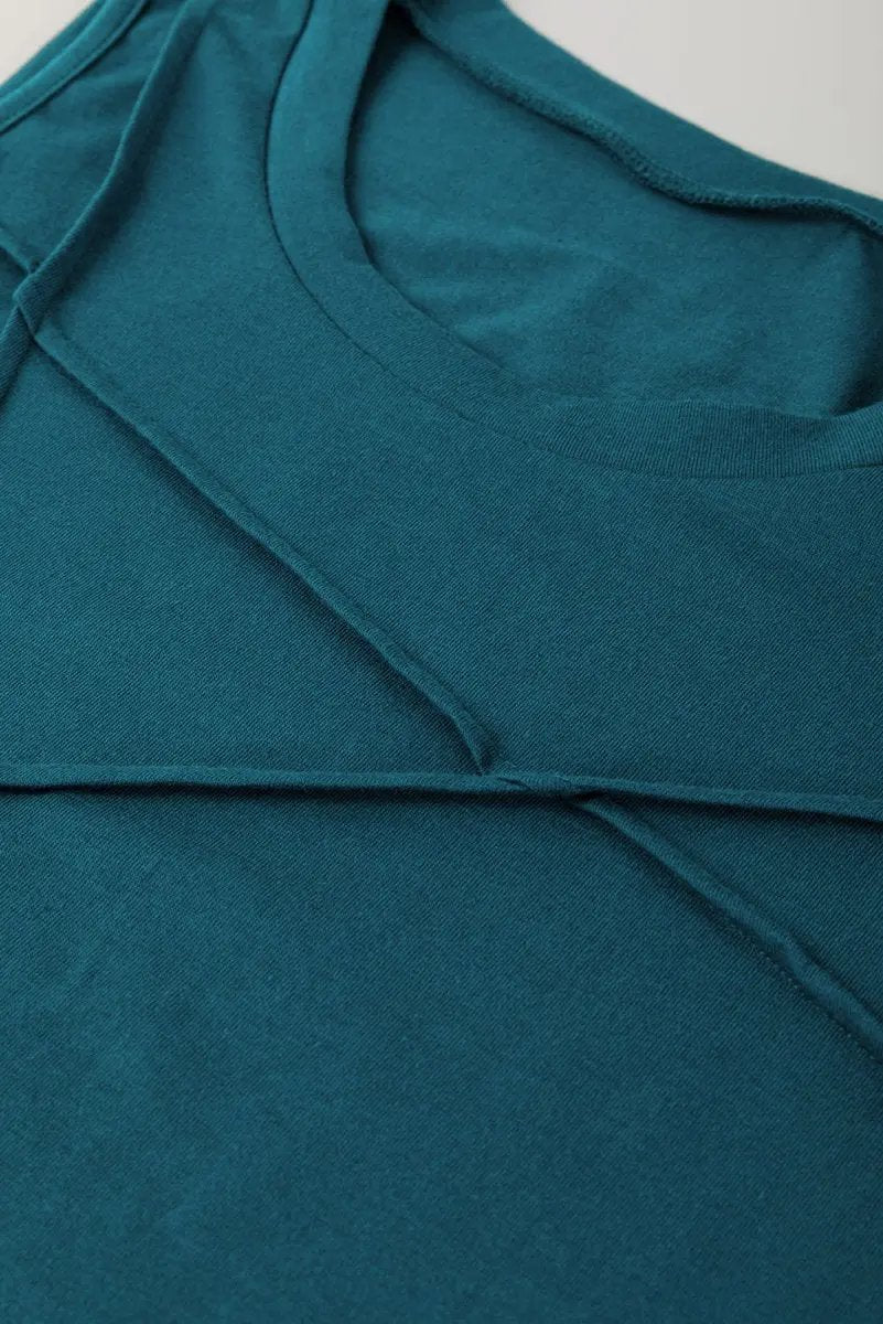 Blue Sapphire Solid Color Stitching Detail Round Neck Tank Top for Casual Wear - Love Salve